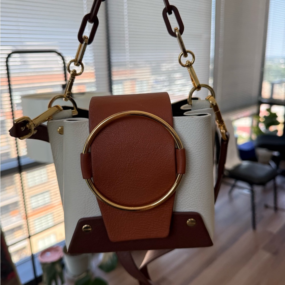 Yuzefi Brown and White Crossbody Bag with Gold Accents